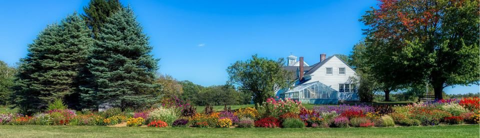 A farmhouse is framed by vibrant, colorful flower beds.